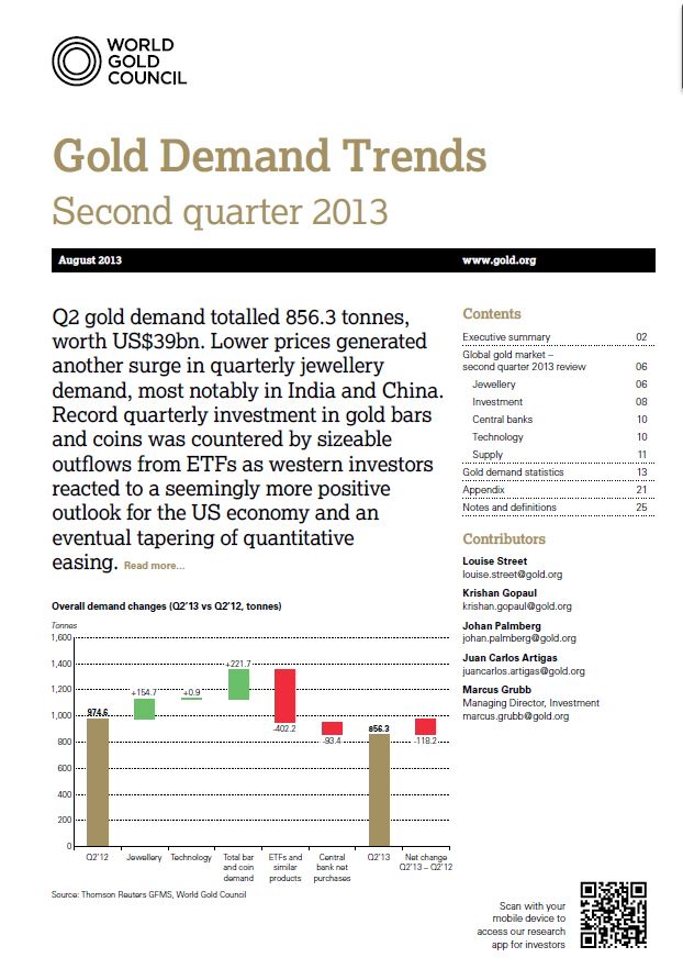 Rapport du Conseil mondial de l'or, World Gold Council, la demande d'or, second trimestre 2013