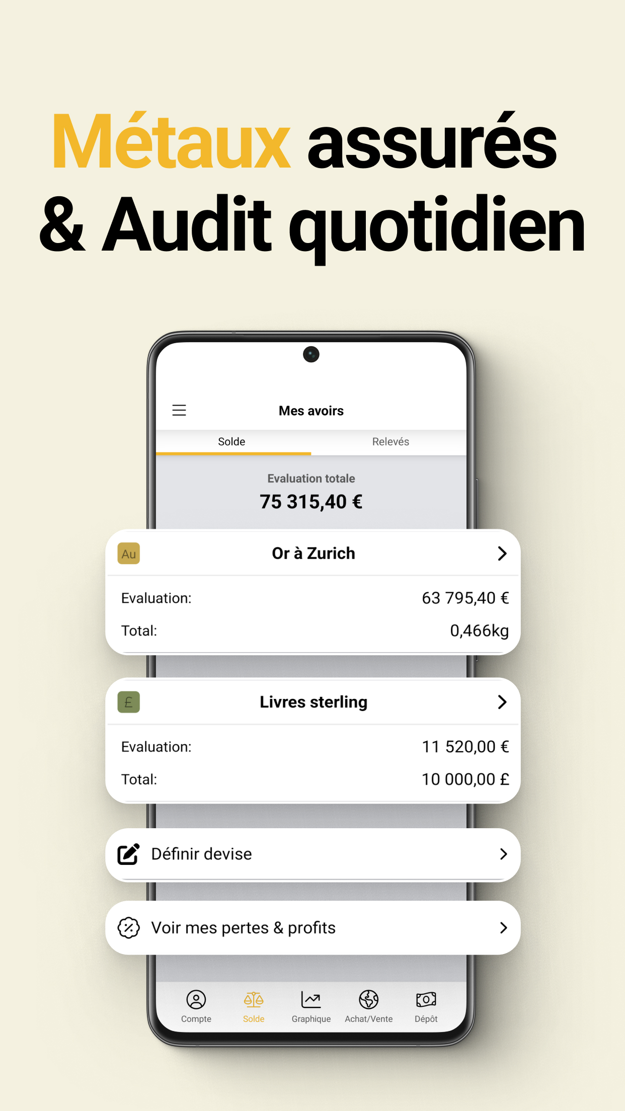 L'application BullionVault affiche les réserves de métaux précieux et le solde du compte