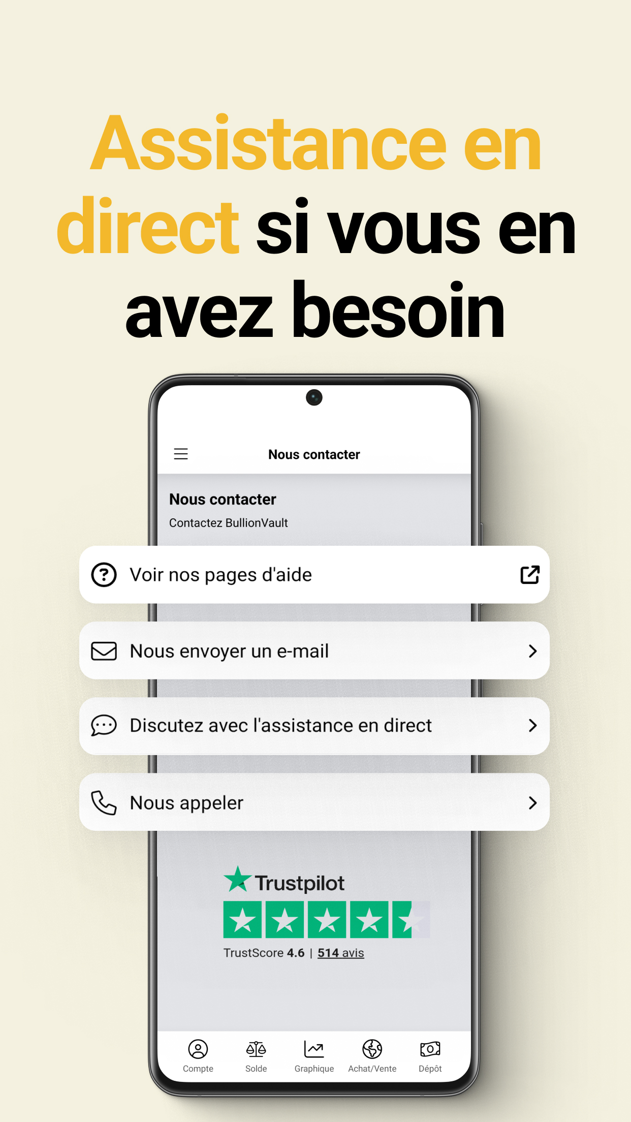 L'assistance en direct est disponible dans les applications BullionVault